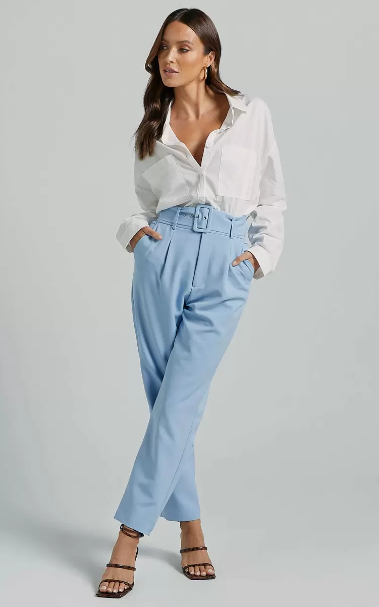 Women Pants Showpo Milica Trousers - Belted High Waisted Trousers In Pastel Blue - 1