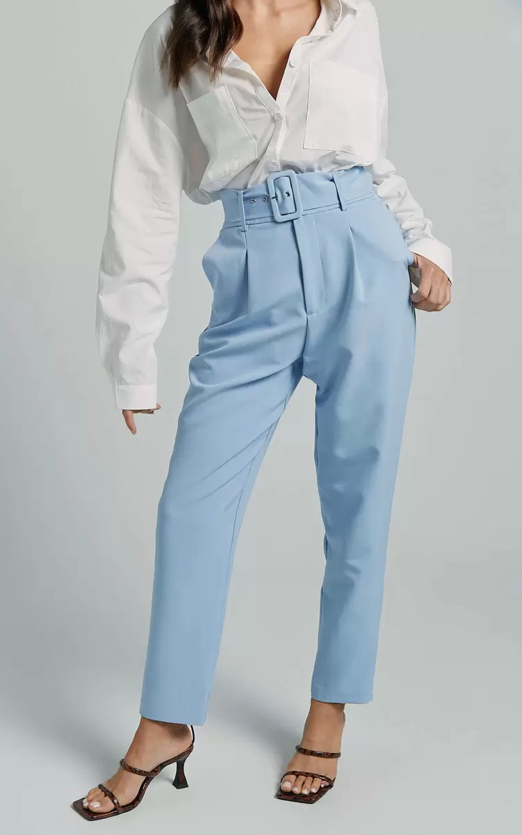 Women Pants Showpo Milica Trousers - Belted High Waisted Trousers In Pastel Blue - 2