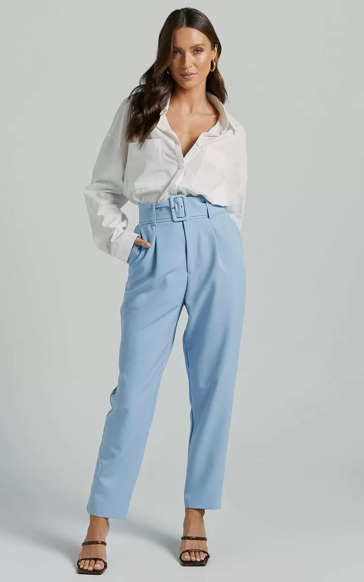 Women Pants Showpo Milica Trousers - Belted High Waisted Trousers In Pastel Blue - 3