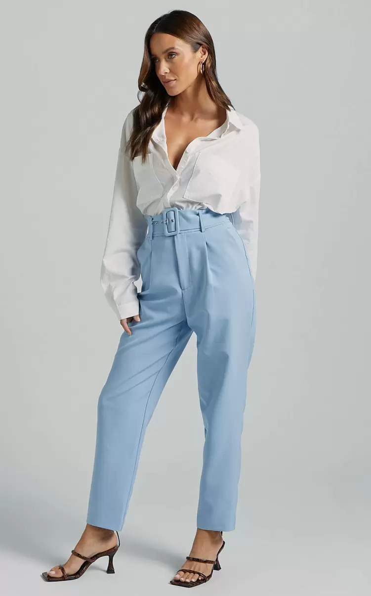 Women Pants Showpo Milica Trousers - Belted High Waisted Trousers In Pastel Blue - 4