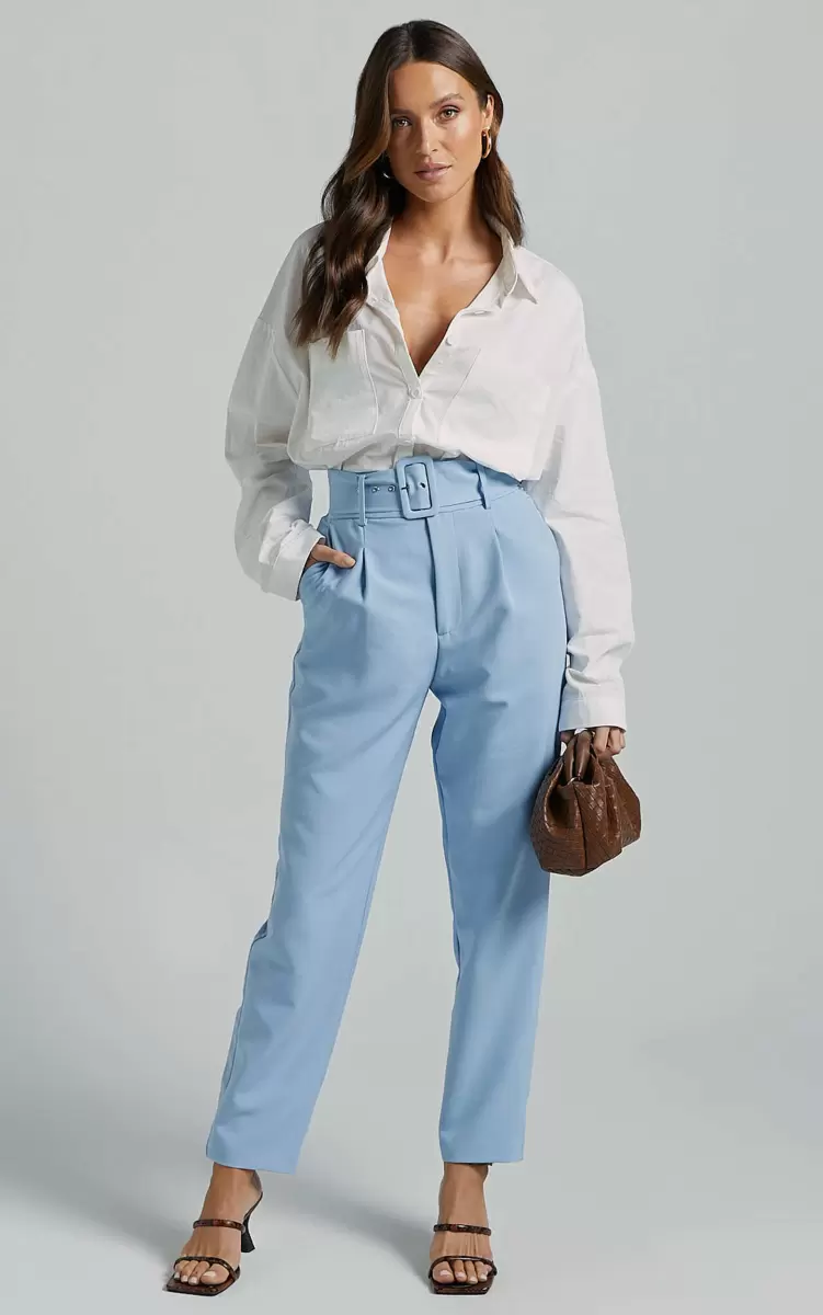 Women Pants Showpo Milica Trousers - Belted High Waisted Trousers In Pastel Blue