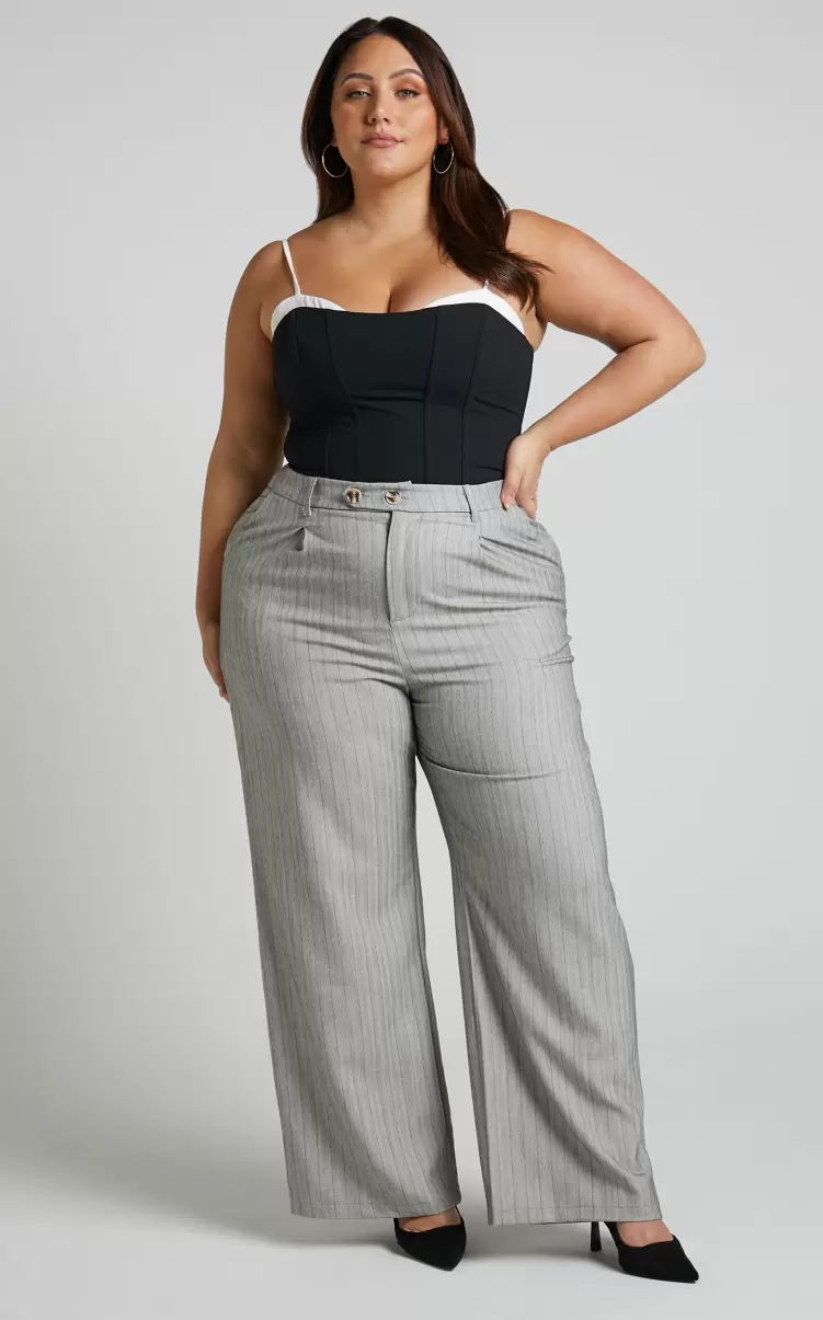 Maryanne - High Waisted Double Button Relaxed Pant In Grey Stripe Pants Women Showpo - 1