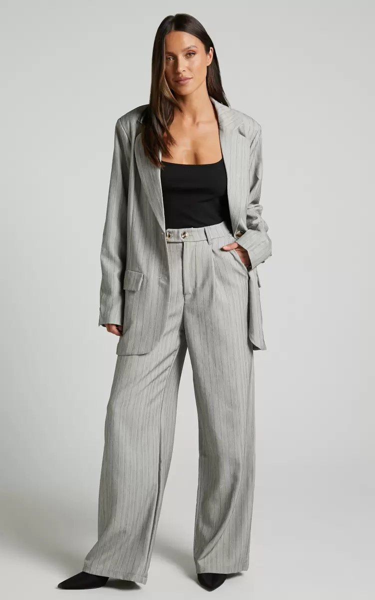 Maryanne - High Waisted Double Button Relaxed Pant In Grey Stripe Pants Women Showpo - 2