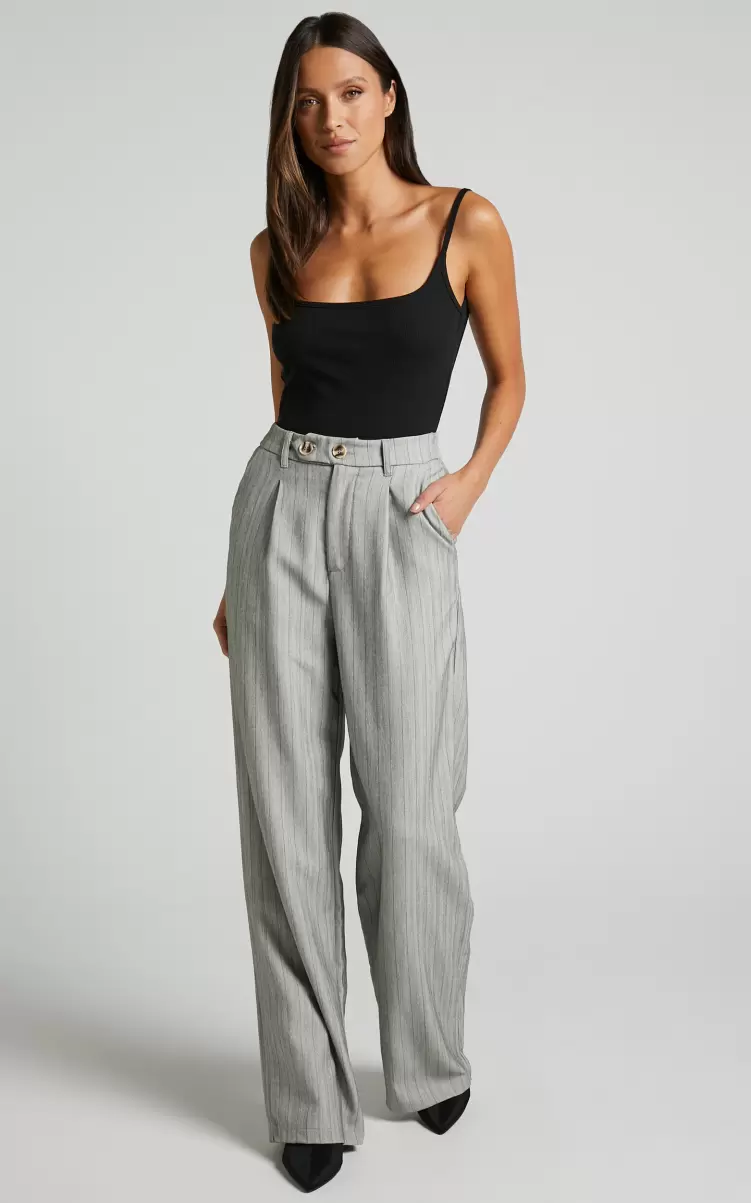 Maryanne - High Waisted Double Button Relaxed Pant In Grey Stripe Pants Women Showpo - 3