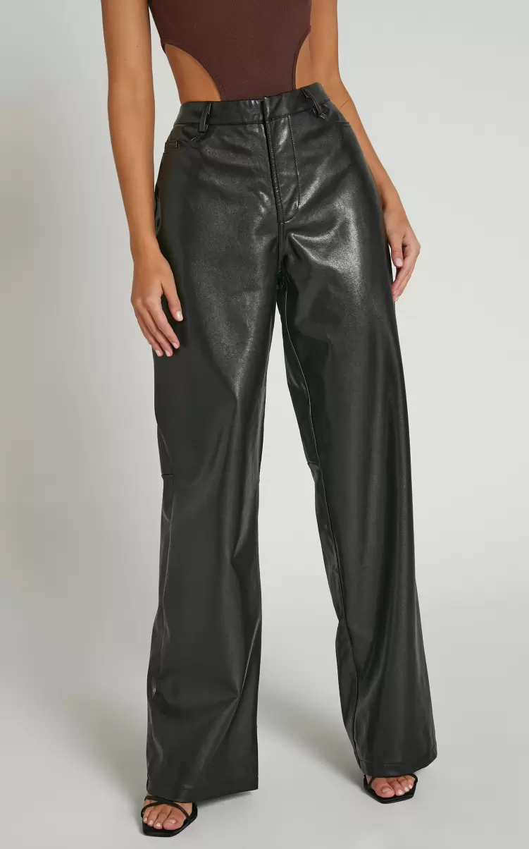 Edzelith - Mid Rise Faux Leather Relaxed Pant In Black Women Pants Showpo - 1