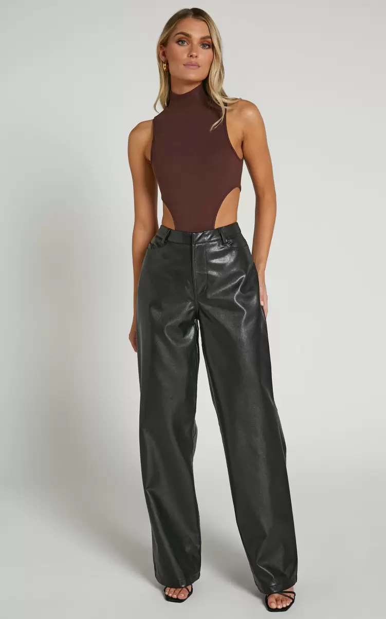 Edzelith - Mid Rise Faux Leather Relaxed Pant In Black Women Pants Showpo