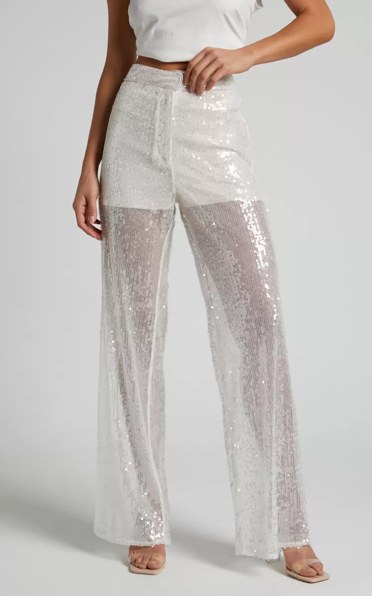 Showpo Pants Women Gween - High Waisted Sheer Sequin Pant In White - 2