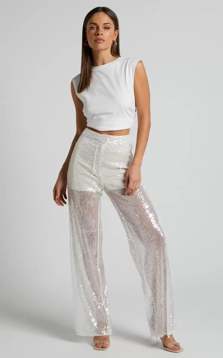 Showpo Pants Women Gween - High Waisted Sheer Sequin Pant In White - 3