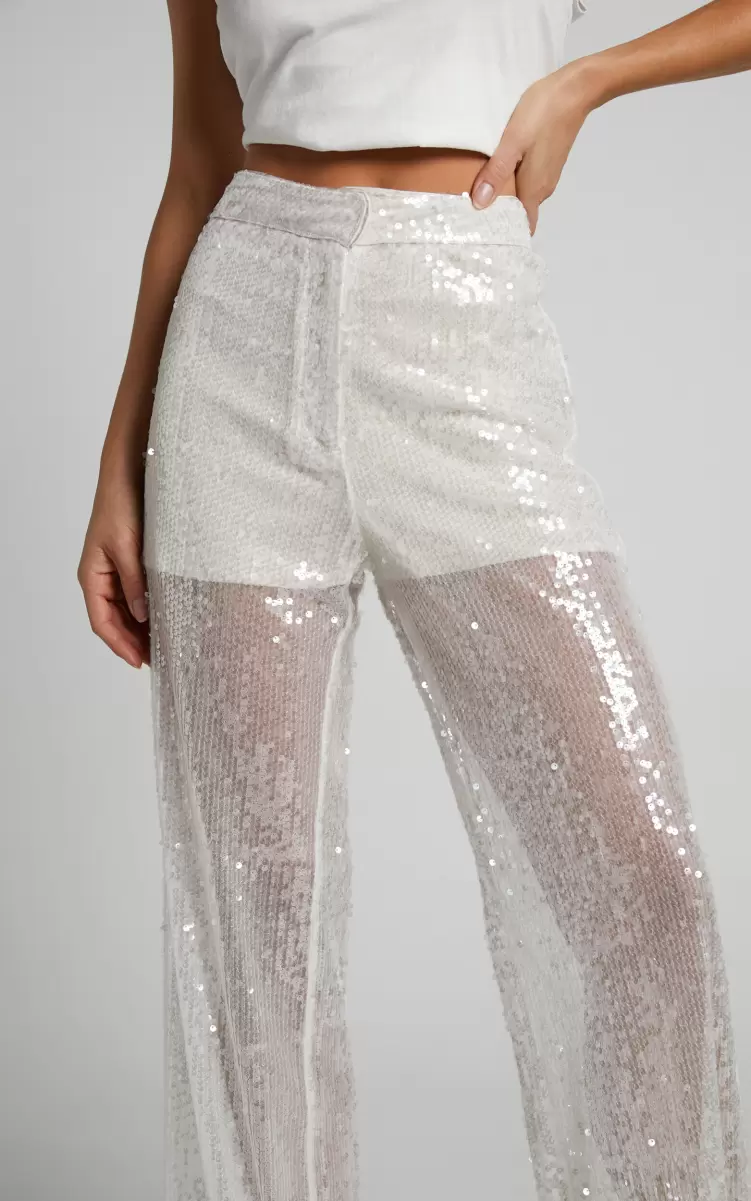 Showpo Pants Women Gween - High Waisted Sheer Sequin Pant In White - 4