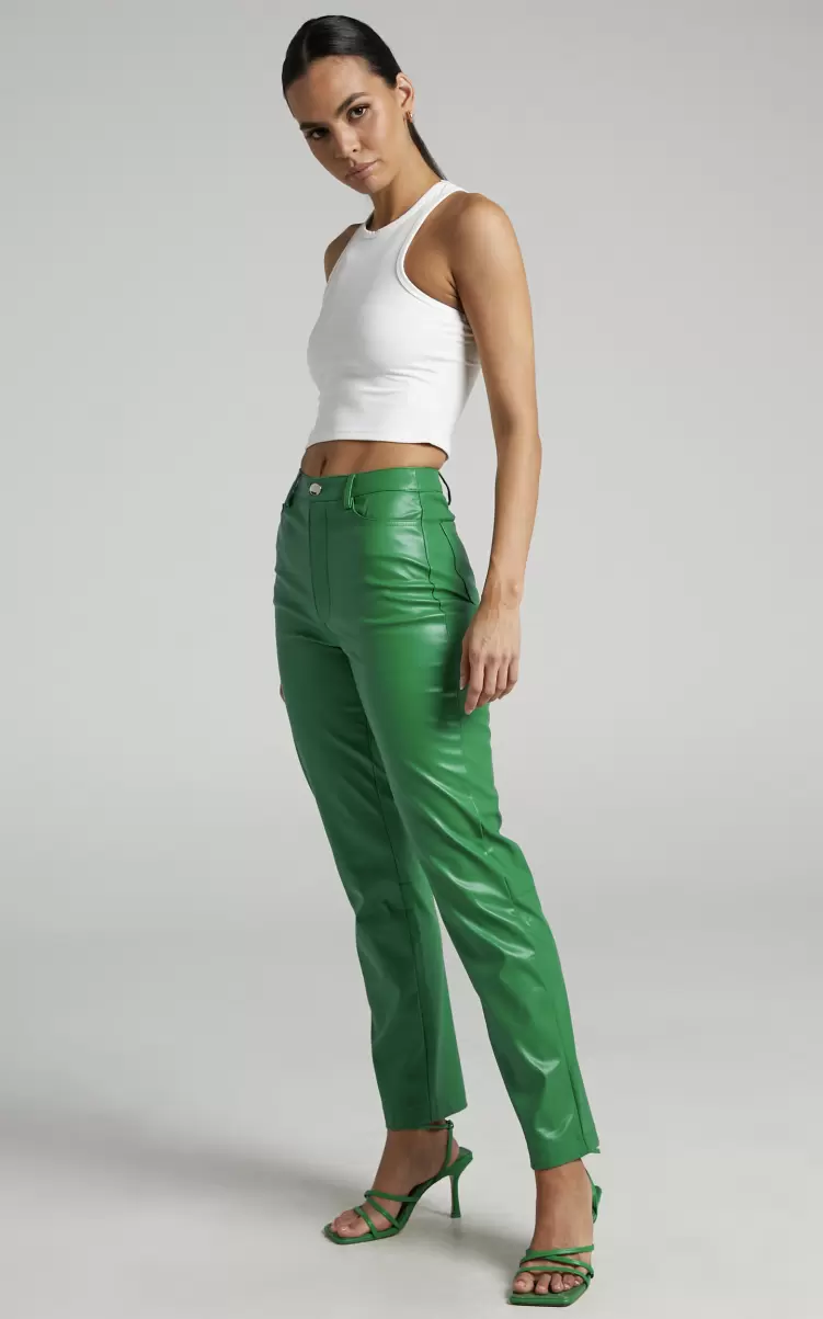 Women Showpo Dilyene Pants - Mid Waist Straight Leg Faux Leather Pants In Green Pants - 2