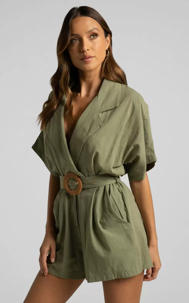 Rompers Thaisa Playsuit - Short Sleeve Collared Belted Playsuit In Khaki Showpo Women - 3