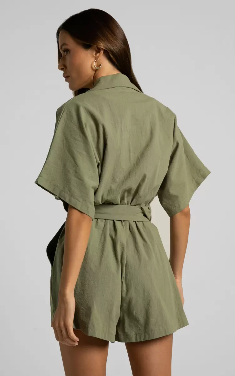 Rompers Thaisa Playsuit - Short Sleeve Collared Belted Playsuit In Khaki Showpo Women - 4