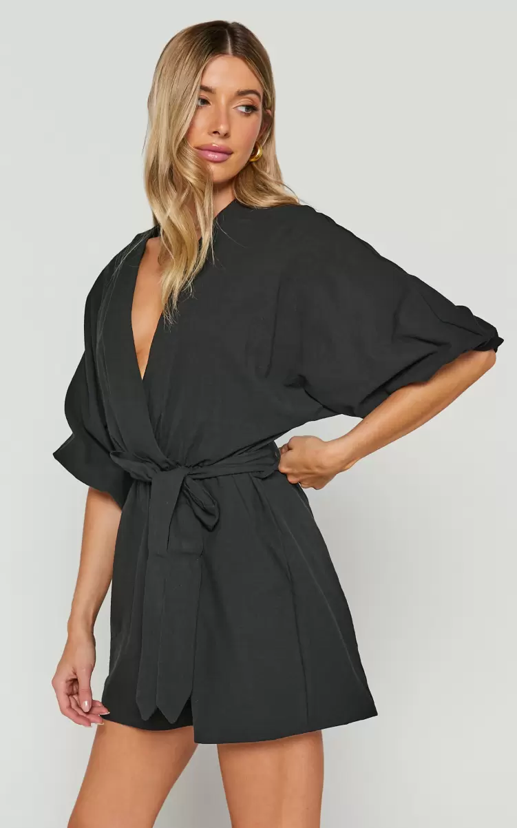 Women Kiro Playsuit - Linen Look V Neck Puff Sleeve Tie Waist Playsuit In Black Rompers Showpo - 2