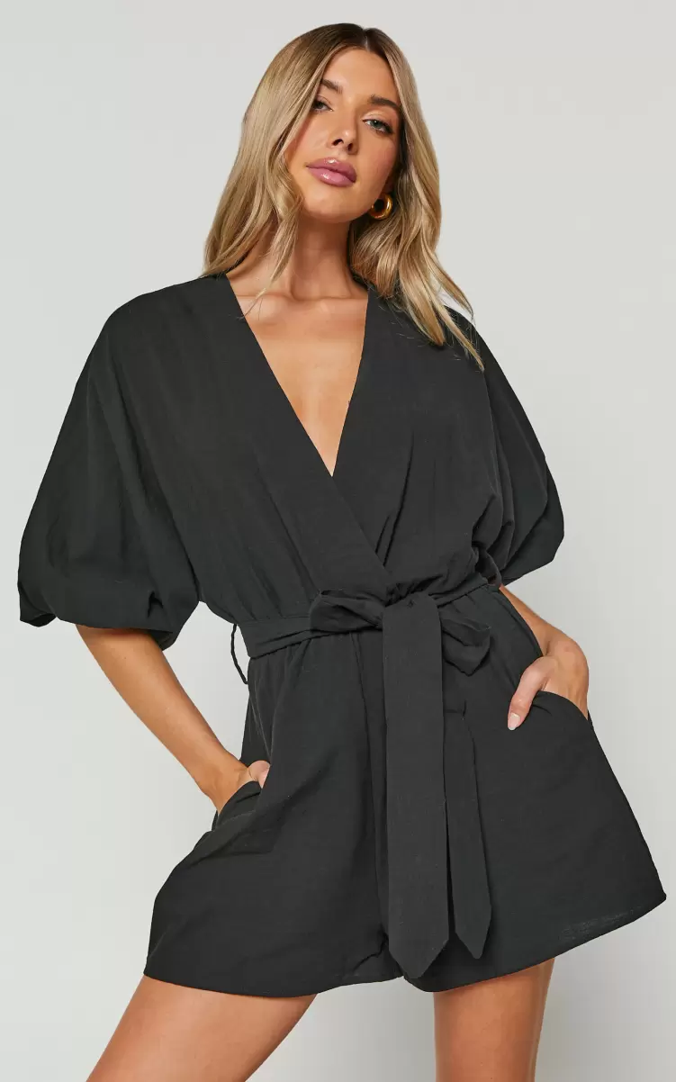 Women Kiro Playsuit - Linen Look V Neck Puff Sleeve Tie Waist Playsuit In Black Rompers Showpo