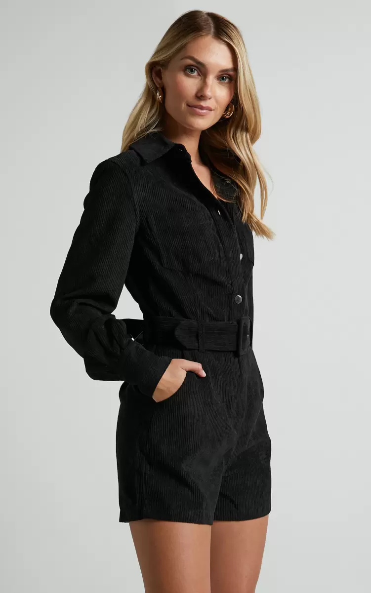 Women Rompers Showpo Jamiel Playsuit - Long Sleeve Belted Corduroy Playsuit In Black - 3