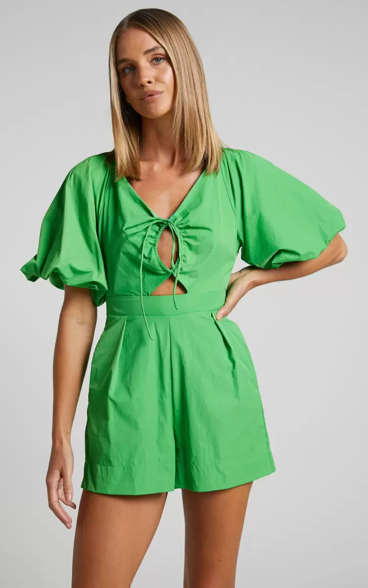 Khirara Playsuit - Tie Front Cut Out Puff Sleeve Playsuit In Green Showpo Rompers Women - 1