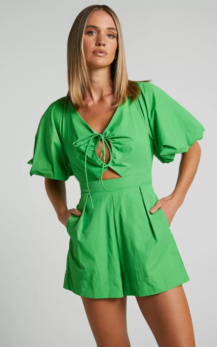 Khirara Playsuit - Tie Front Cut Out Puff Sleeve Playsuit In Green Showpo Rompers Women - 2