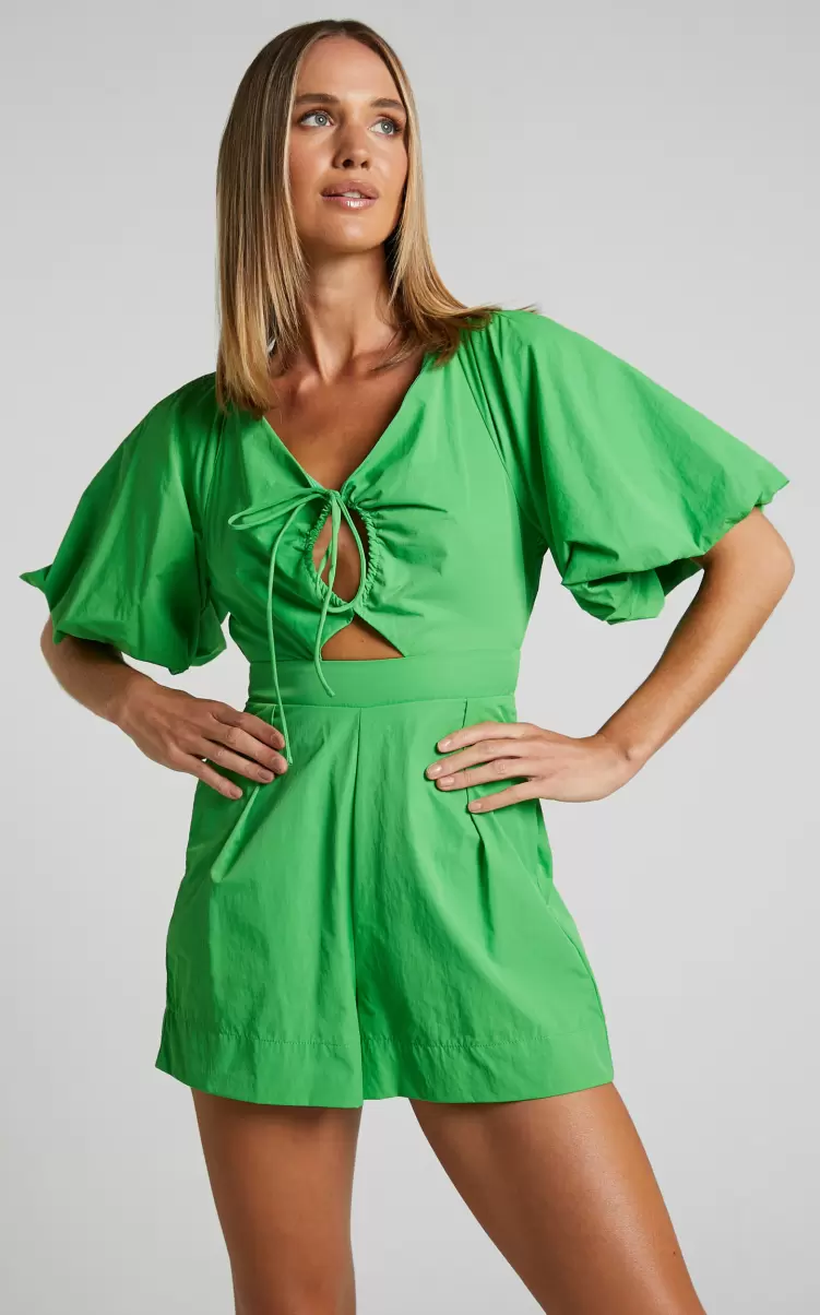 Khirara Playsuit - Tie Front Cut Out Puff Sleeve Playsuit In Green Showpo Rompers Women - 4