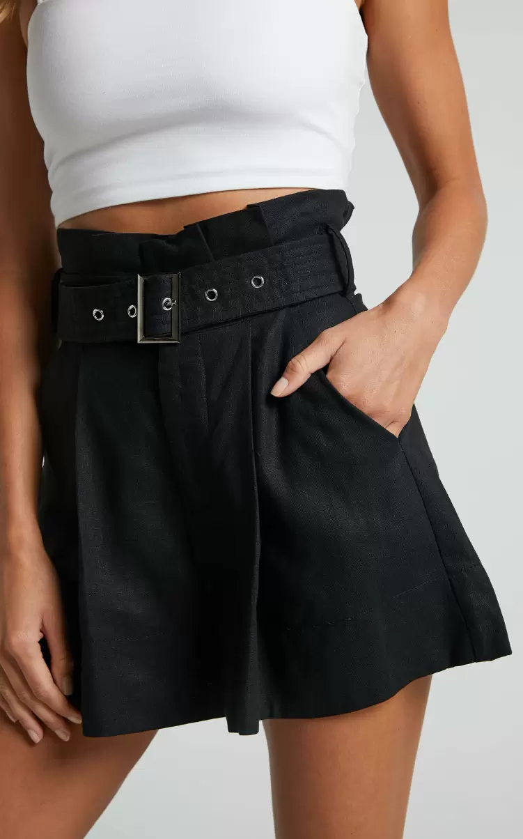Showpo Zora Shorts - Linen Look High Waisted Paper Bag Shorts In Black Women Shorts - 1