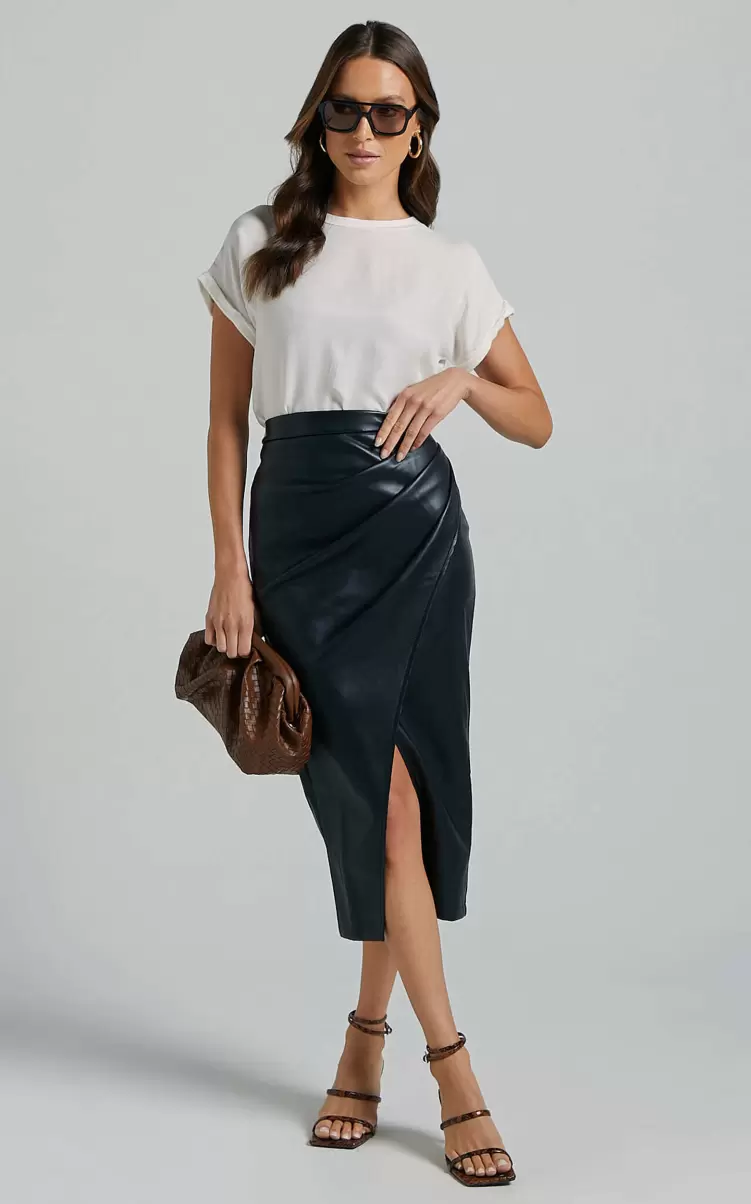 Gena Midi Skirt - Split Faux Leather Skirt In Black Showpo Skirts Women - 3