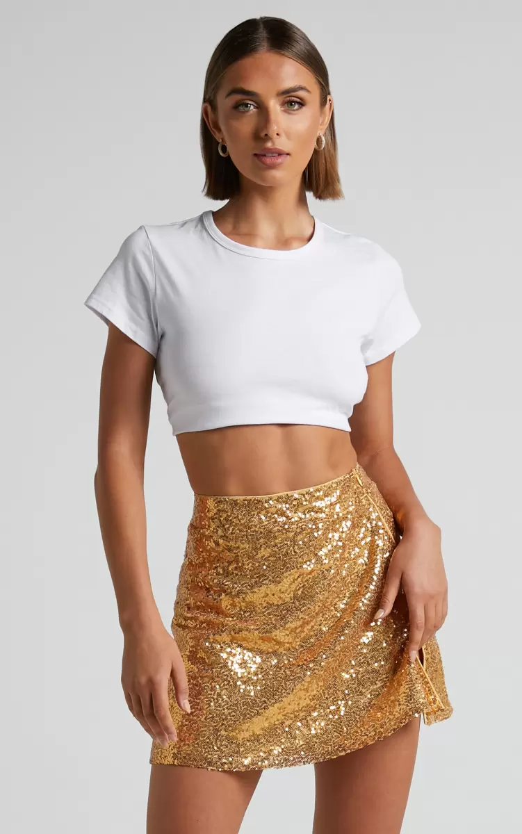 Women Showpo Elswyth Mini Skirt - Side Split Sequin Skirt In Gold Skirts - 4