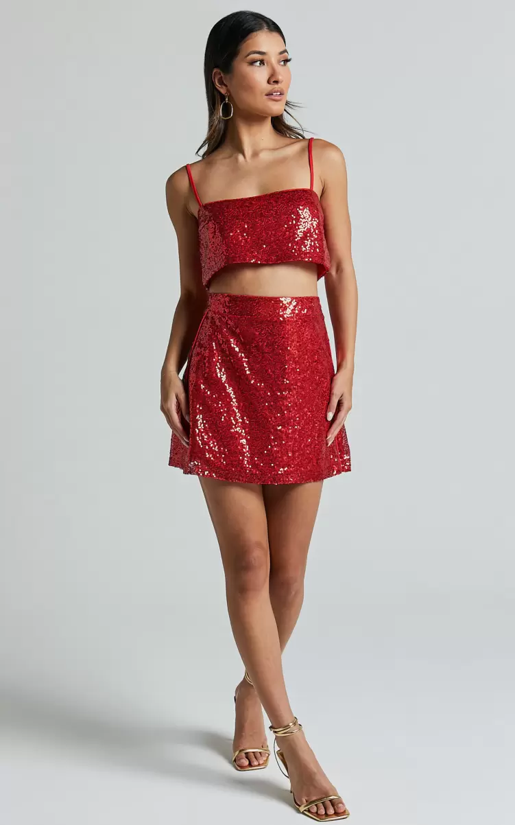 Skirts Elswyth Mini Skirt - Side Split Sequin Skirt In Red Women Showpo - 1
