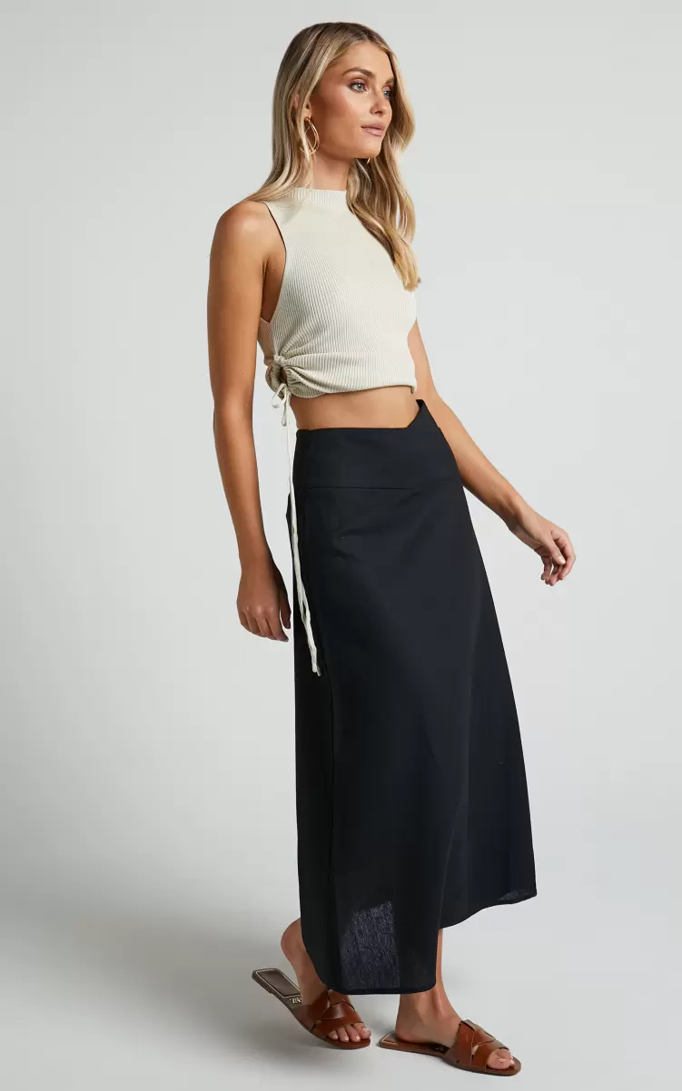 Women Skirts Showpo Sundry Midi Skirt - Linen Look High Waisted Cross Front Detail Skirt In Black - 1