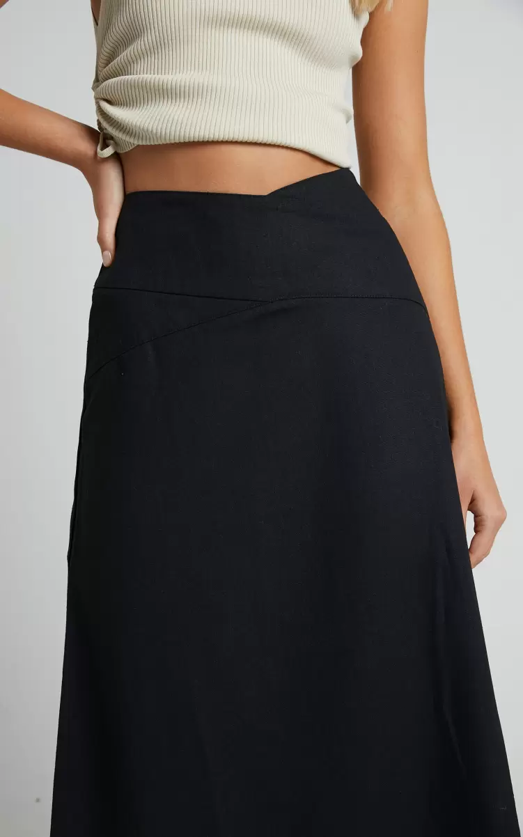 Women Skirts Showpo Sundry Midi Skirt - Linen Look High Waisted Cross Front Detail Skirt In Black - 2