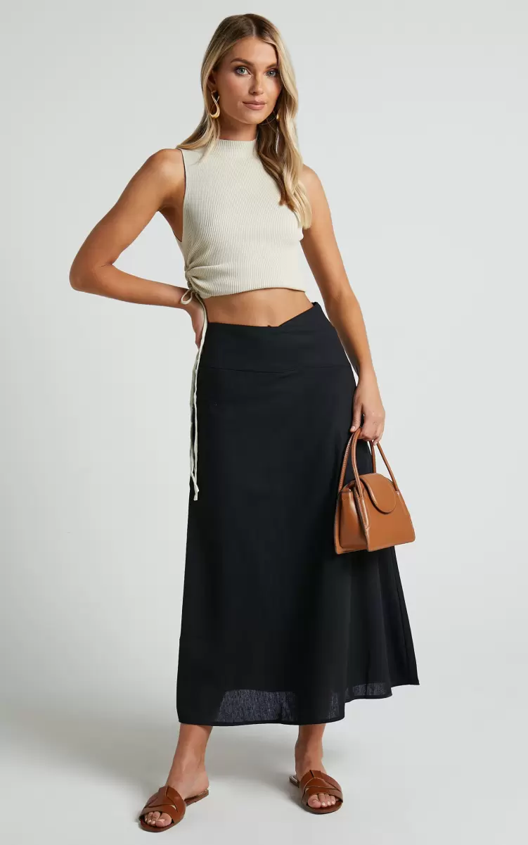 Women Skirts Showpo Sundry Midi Skirt - Linen Look High Waisted Cross Front Detail Skirt In Black - 3