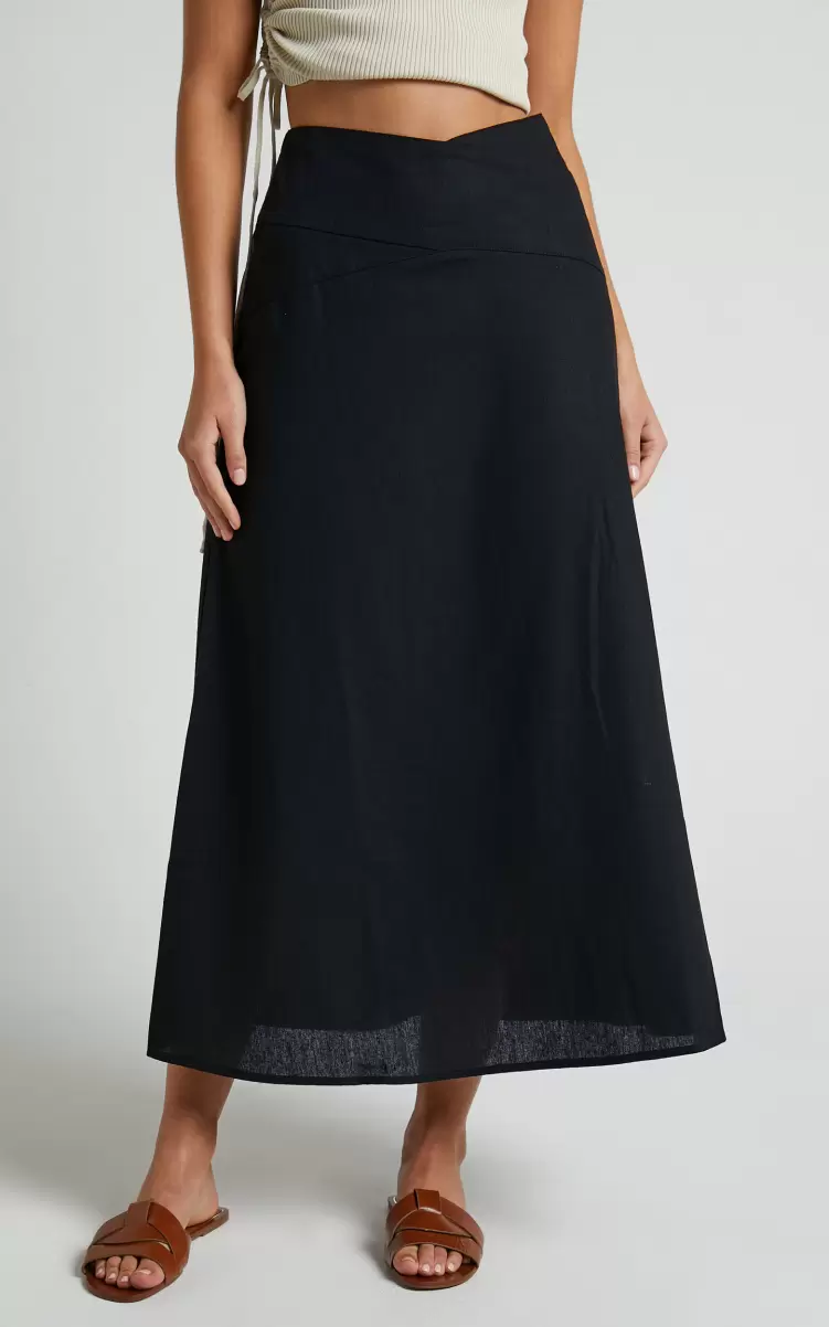 Women Skirts Showpo Sundry Midi Skirt - Linen Look High Waisted Cross Front Detail Skirt In Black - 4