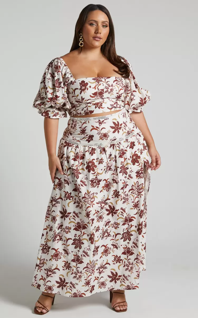 Women Showpo Amalie The Label - Rosabel Linen Look High Waisted Midi Skirt In Luca Print Skirts - 4