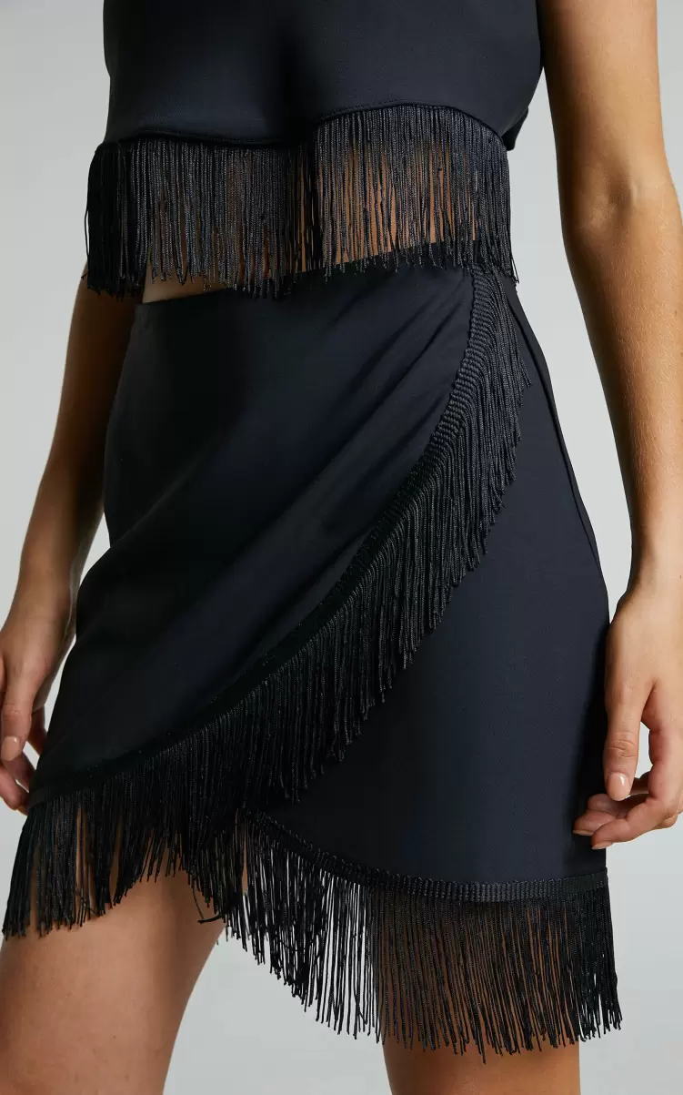 Showpo Lassey Mini Skirt - Fringe Trim Wrap Skirt In Black Women Skirts - 2