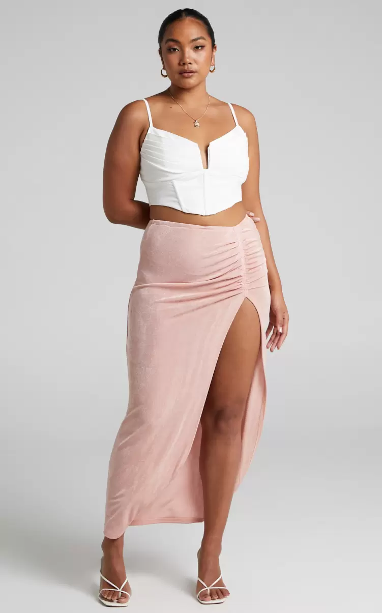 Showpo Delicea Midi Skirt - Ruched High Split Slinky Skirt In Pink Skirts Women - 2