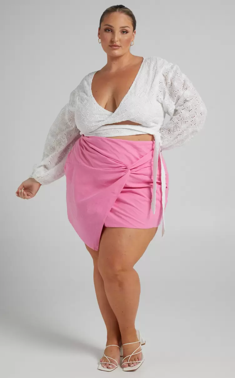 Women Skirts Kiandra Mini Skirt - Linen Look Twist Front Skirt In Pink Linen Look Showpo - 2