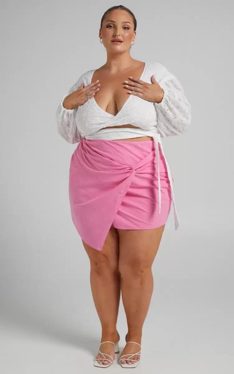Women Skirts Kiandra Mini Skirt - Linen Look Twist Front Skirt In Pink Linen Look Showpo - 4