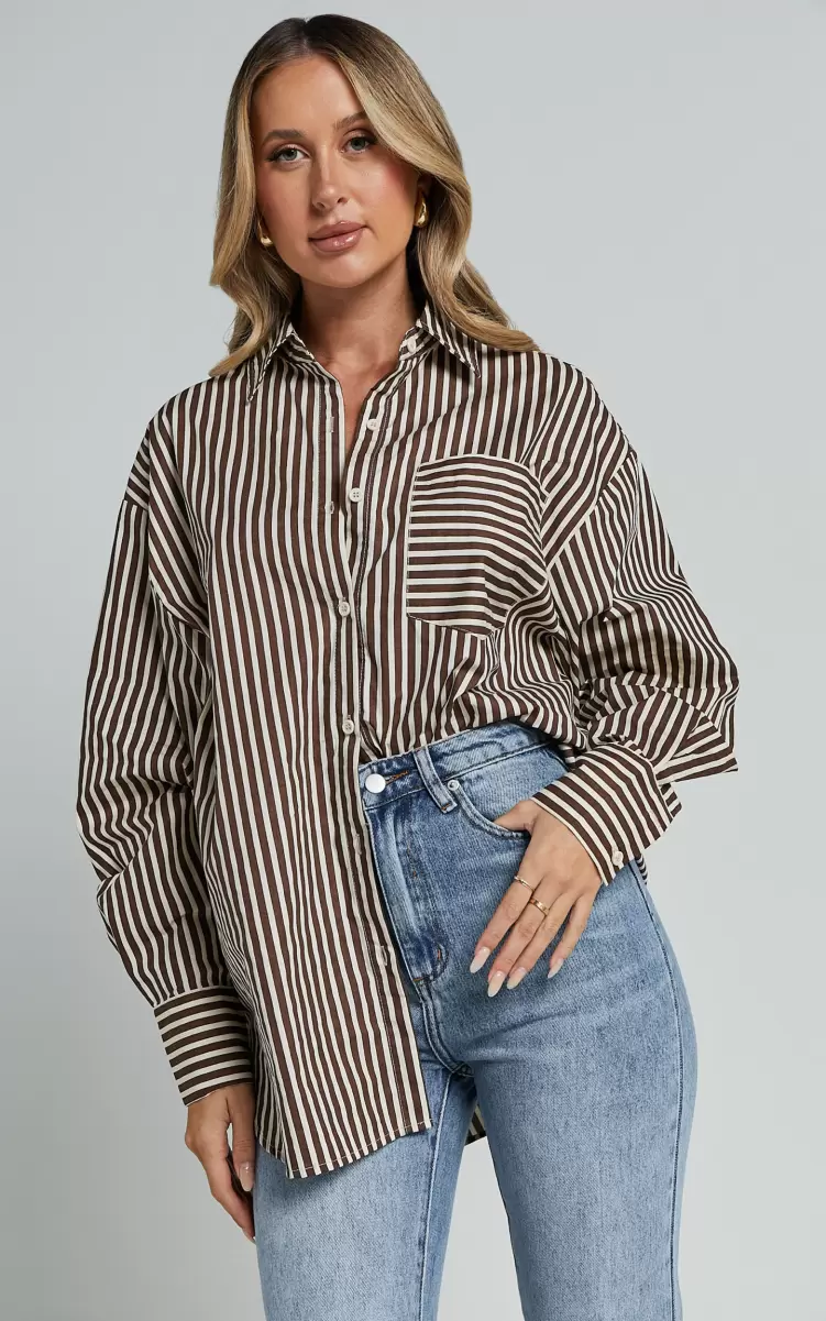 Women Tops Jaycey Shirt - Long Sleeve Pocket Detail Shirt In Brown Stripe Showpo - 1