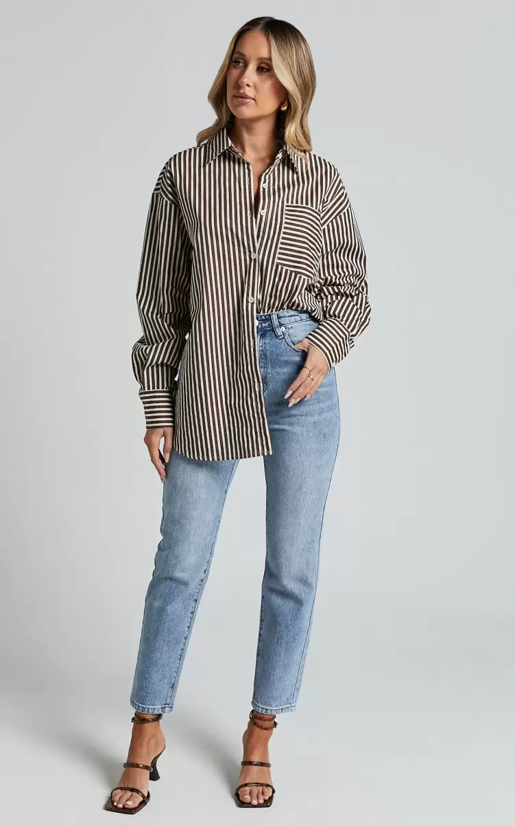 Women Tops Jaycey Shirt - Long Sleeve Pocket Detail Shirt In Brown Stripe Showpo - 2