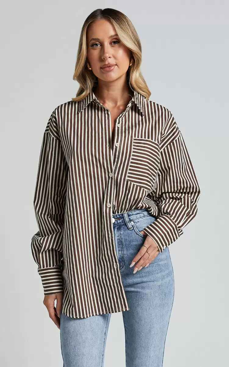 Women Tops Jaycey Shirt - Long Sleeve Pocket Detail Shirt In Brown Stripe Showpo - 3