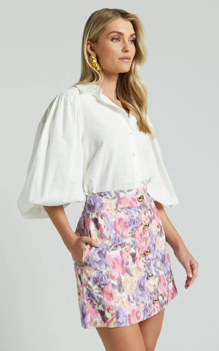 Tops Amalie The Label - Hanae Linen Look Collared Button Through Puff Sleeve Shirt In White Showpo Women - 3