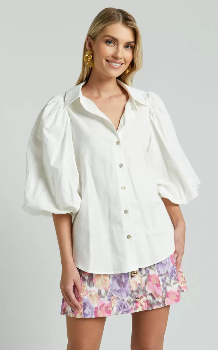 Tops Amalie The Label - Hanae Linen Look Collared Button Through Puff Sleeve Shirt In White Showpo Women - 4