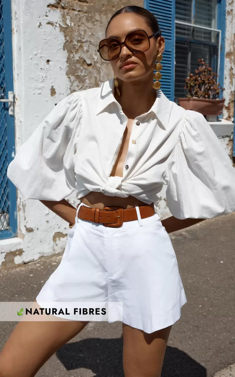 Tops Amalie The Label - Hanae Linen Look Collared Button Through Puff Sleeve Shirt In White Showpo Women