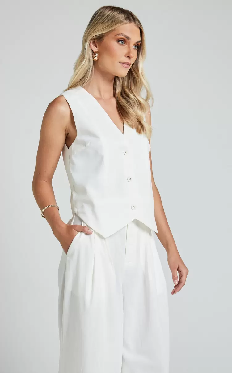 Tops Showpo Women Kiraye Top - Linen Look Button Through Vest In Off White - 1