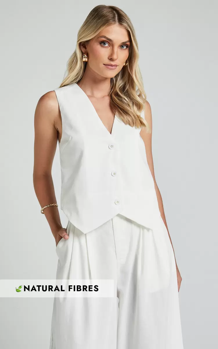 Tops Showpo Women Kiraye Top - Linen Look Button Through Vest In Off White