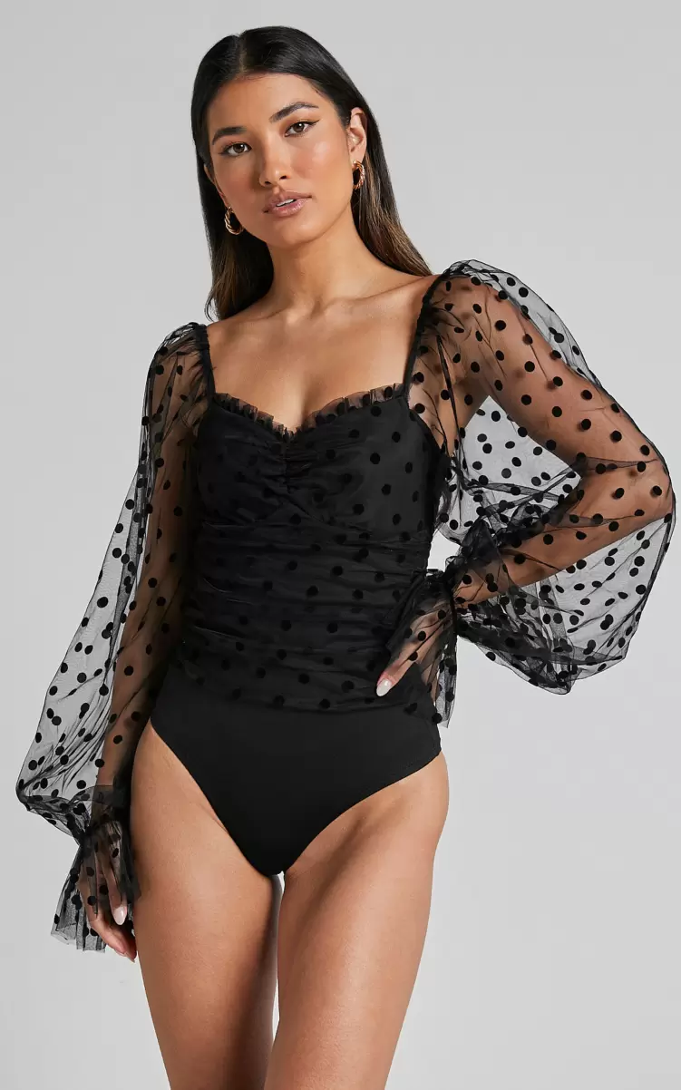 Venetia Bodysuit - Long Sleeve Spot Mesh Bodysuit In Black Spot Showpo Tops Women - 3