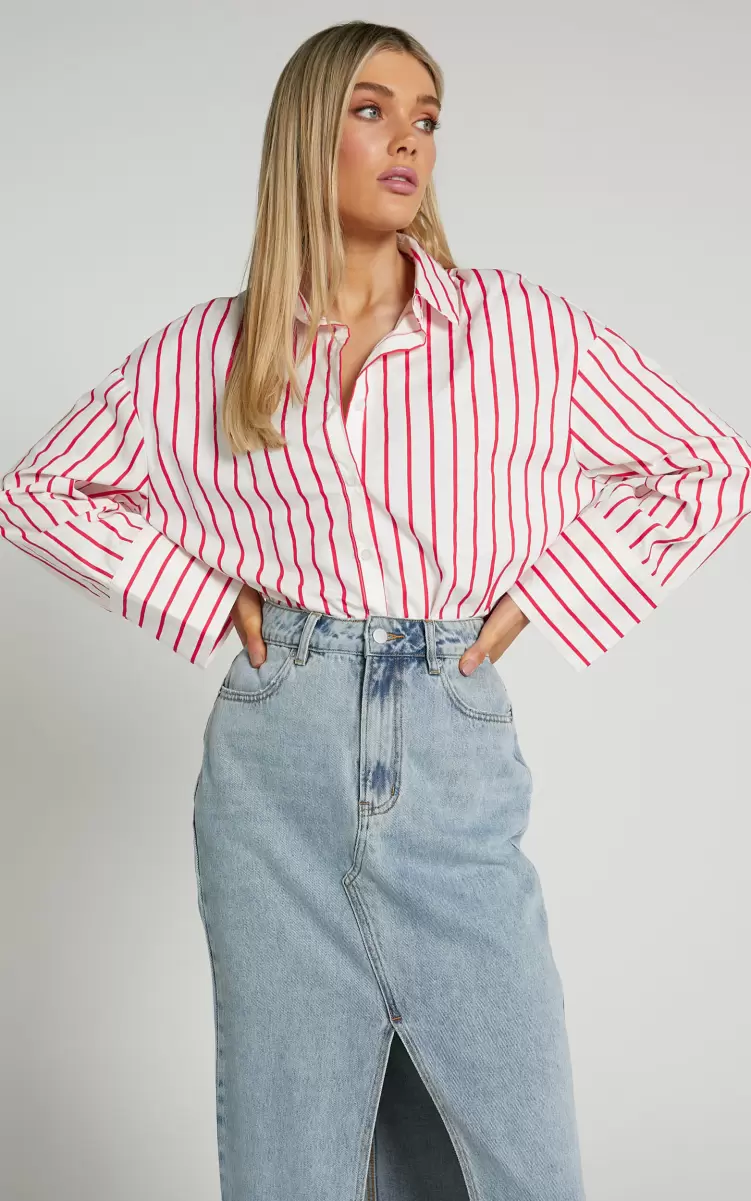 Tops Anderson Top - Collared Long Sleeve Shirt In Red Stripe Showpo Women - 1