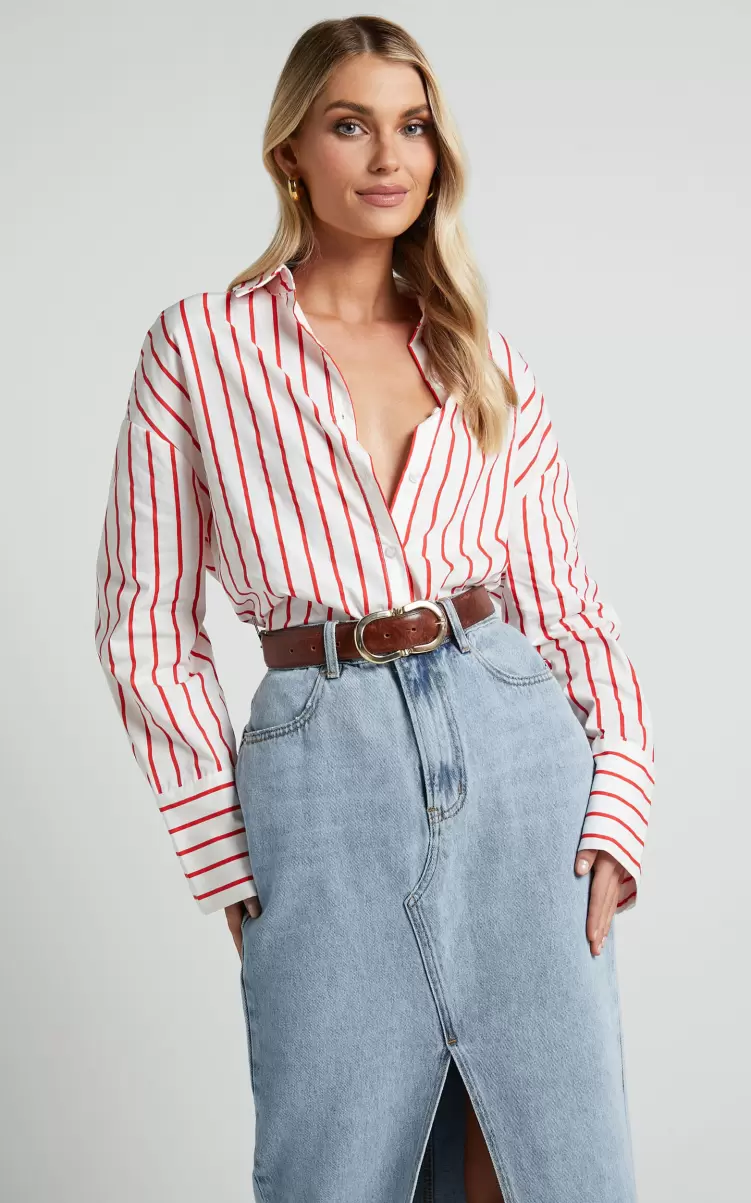 Tops Anderson Top - Collared Long Sleeve Shirt In Red Stripe Showpo Women - 2
