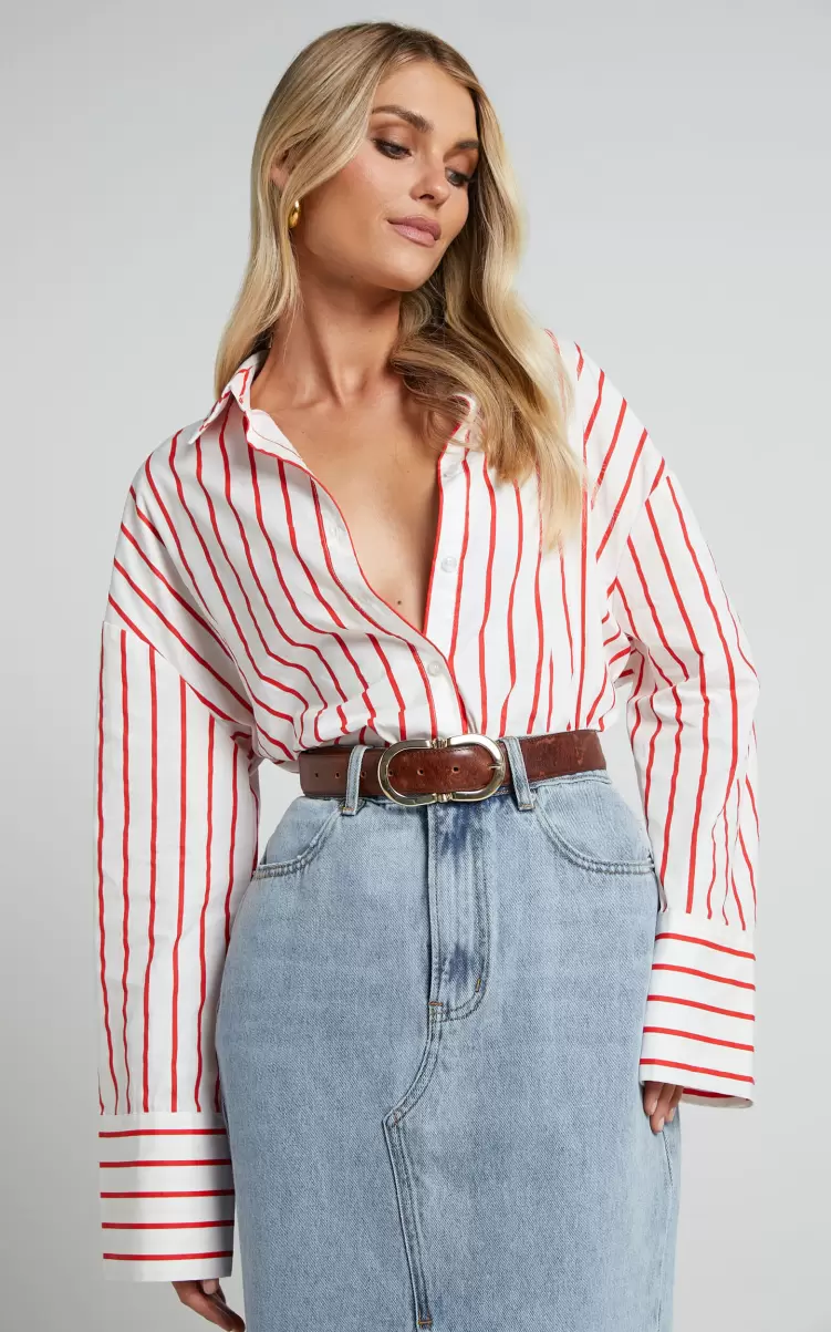 Tops Anderson Top - Collared Long Sleeve Shirt In Red Stripe Showpo Women - 3