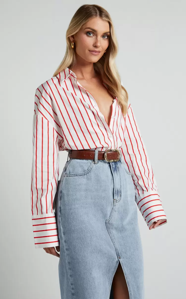 Tops Anderson Top - Collared Long Sleeve Shirt In Red Stripe Showpo Women - 4