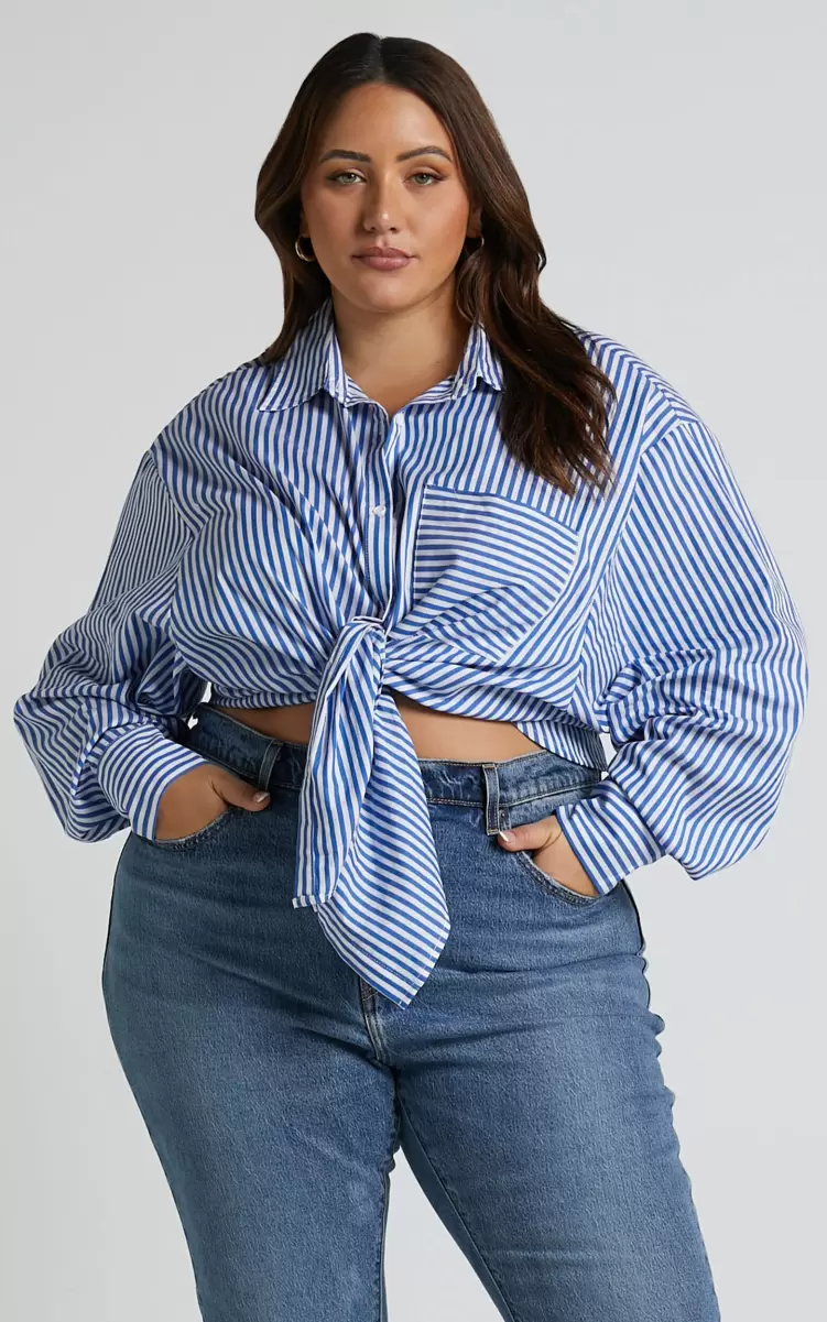 Women Jaycey Shirt - Long Sleeve Pocket Detail Shirt In Navy Stripe Tops Showpo - 1