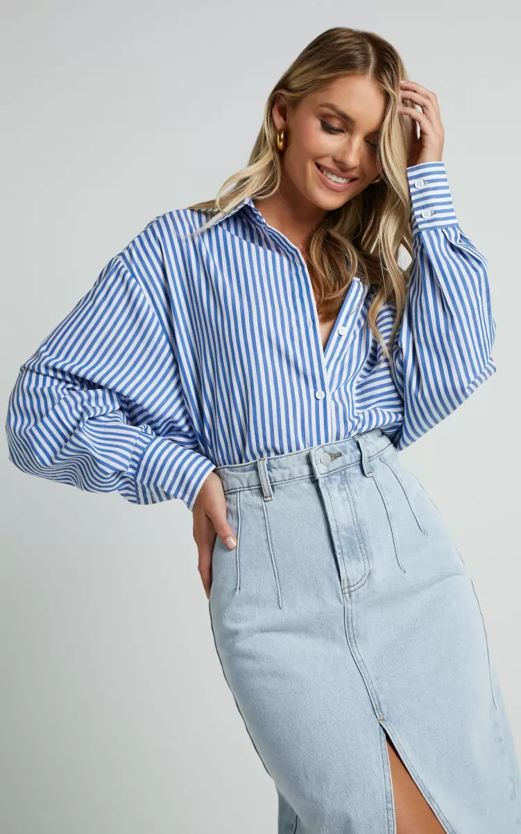 Women Jaycey Shirt - Long Sleeve Pocket Detail Shirt In Navy Stripe Tops Showpo - 4
